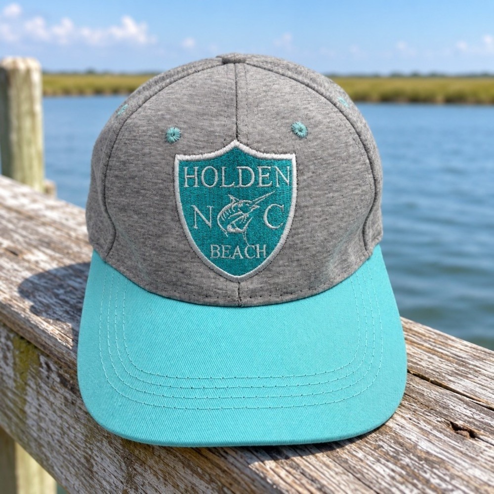 New Holden Beach NC Grey Turquoise Marlin Embroidered Snapback Hat Lucky 7 USA